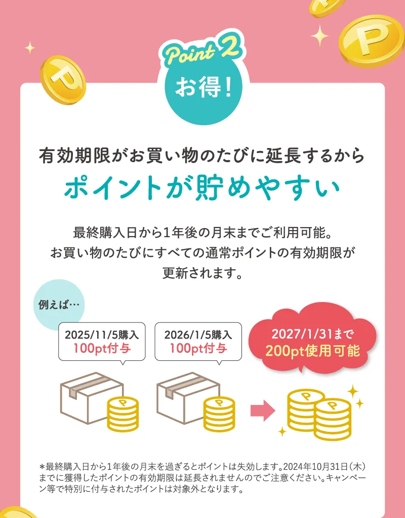 Point2 お得！有効期限がお買い物のたびに延長するからポイントが貯めやすい